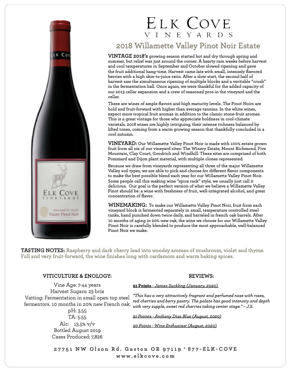 Current Release Fact Sheets - Elk Cove Vineyards