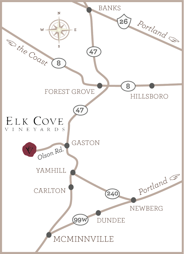 Area Map of Elk Cove Vineyards, located on Olson Road off Highway 47 between Forest Grove and Yamhill.